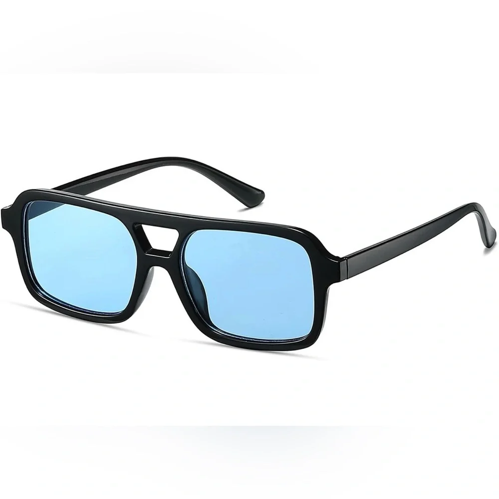 70s Retro Sunglasses Classic Double Bridge Vintage Square Aviators Blue NEW